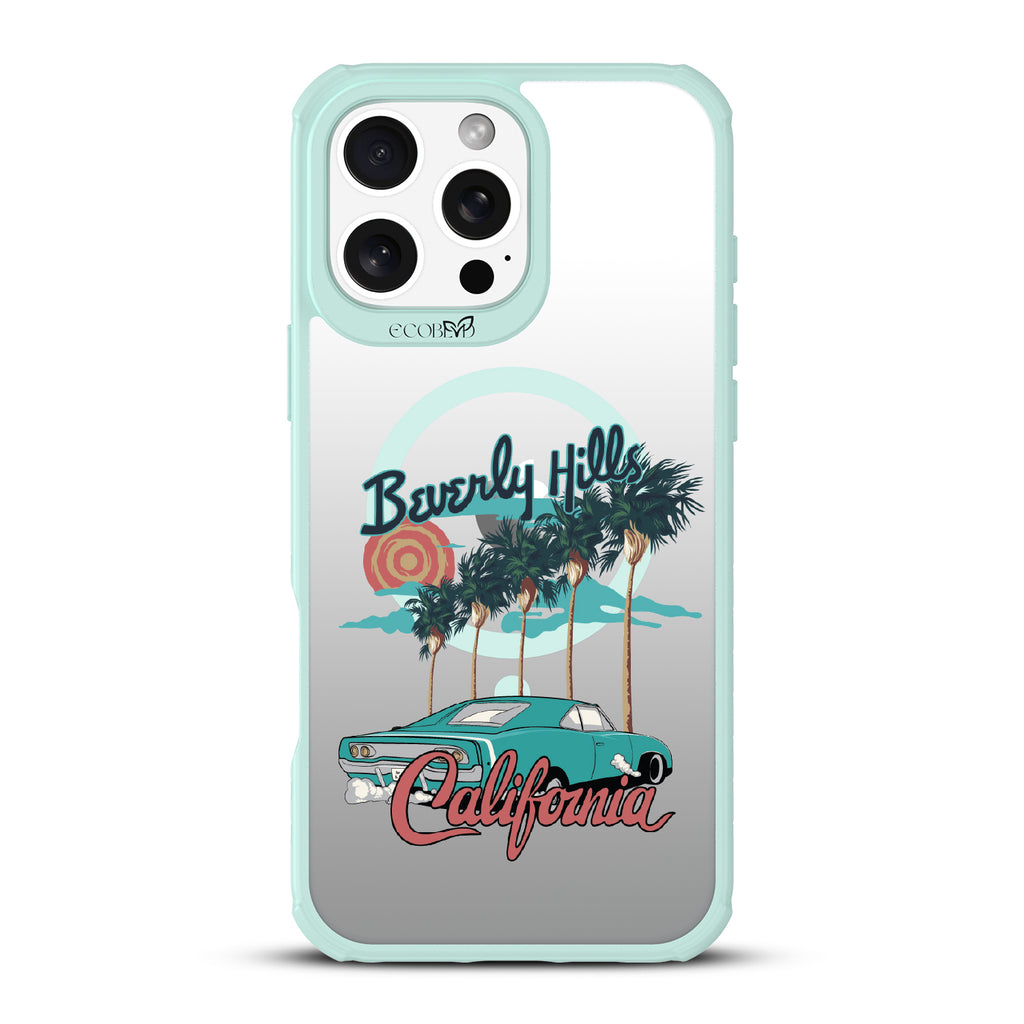 iPhone 16 Pro Max case, clear, sustainable phone case with green ridges, back view, 90210 design