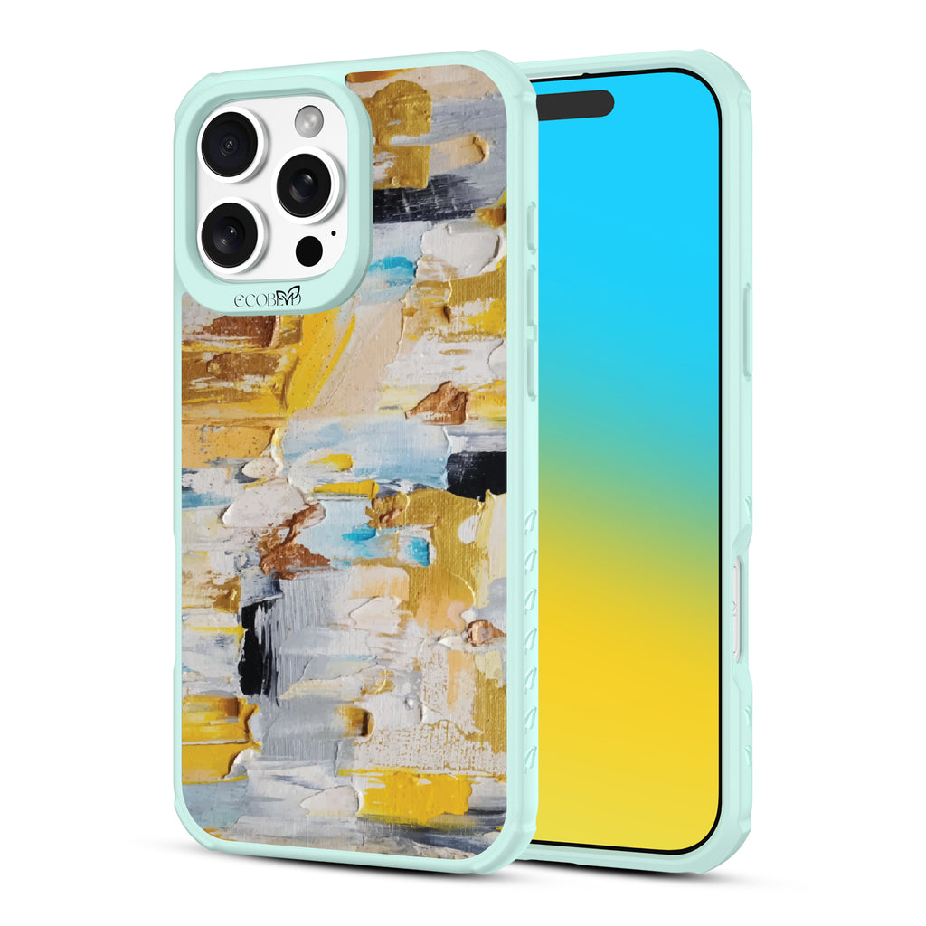 Front and back view of iPhone 16 Pro Max case, clear, sustainable phone case with green ridges, Lighten Up design