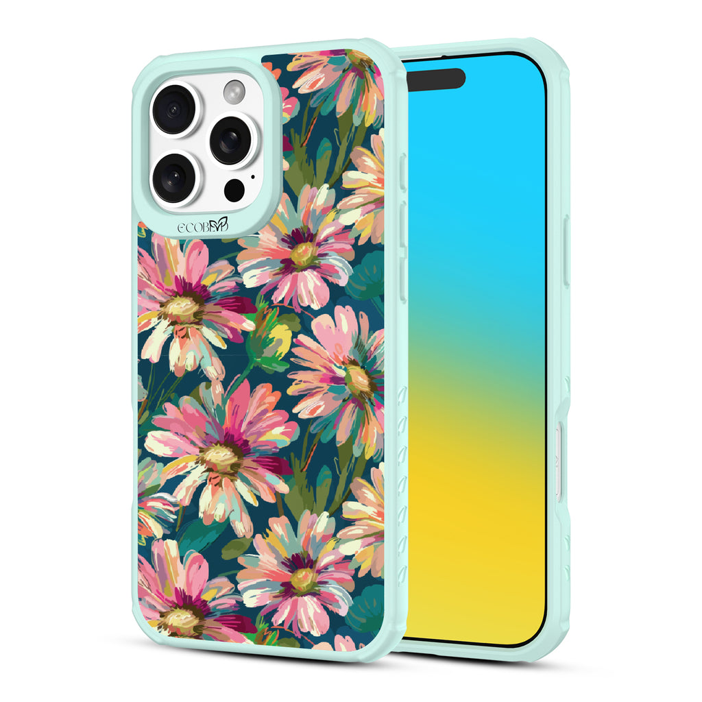 Front and back view of iPhone 16 Pro Max case, clear, sustainable phone case with green ridges, Daisy Dusk design