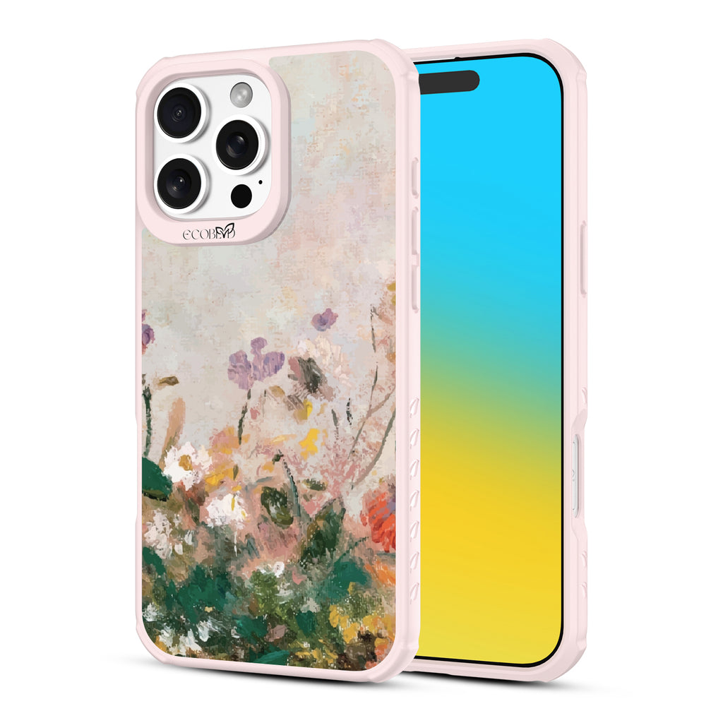 Front and back view of iPhone 16 Pro Max case, clear, sustainable phone case with pink ridges, Wild Grace design