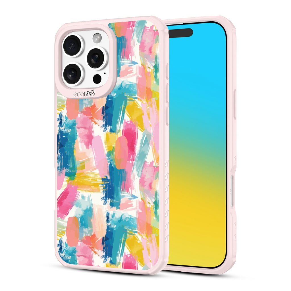 Front and back view of iPhone 16 Pro Max case, clear, sustainable phone case with pink ridges, Blurred Beauty design