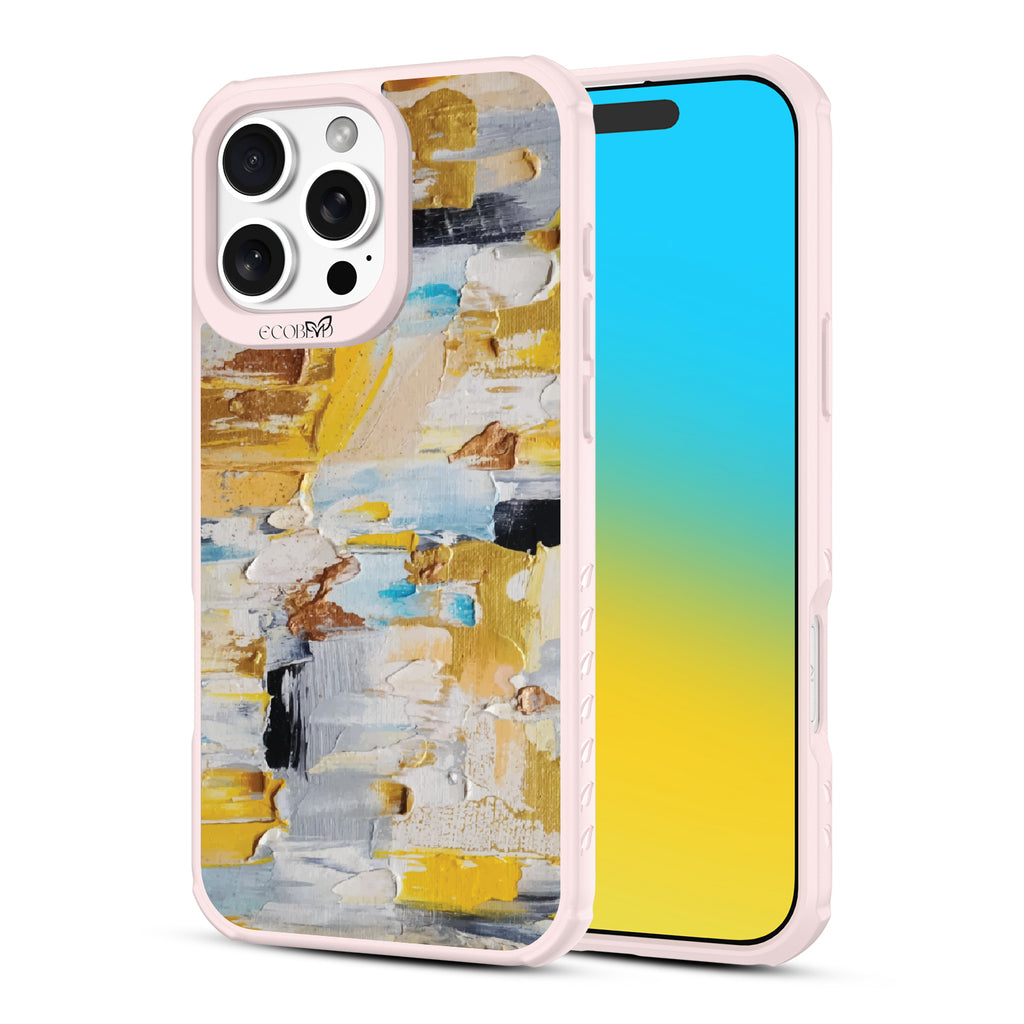 Front and back view of iPhone 16 Pro Max case, clear, sustainable phone case with pink ridges, Lighten Up design