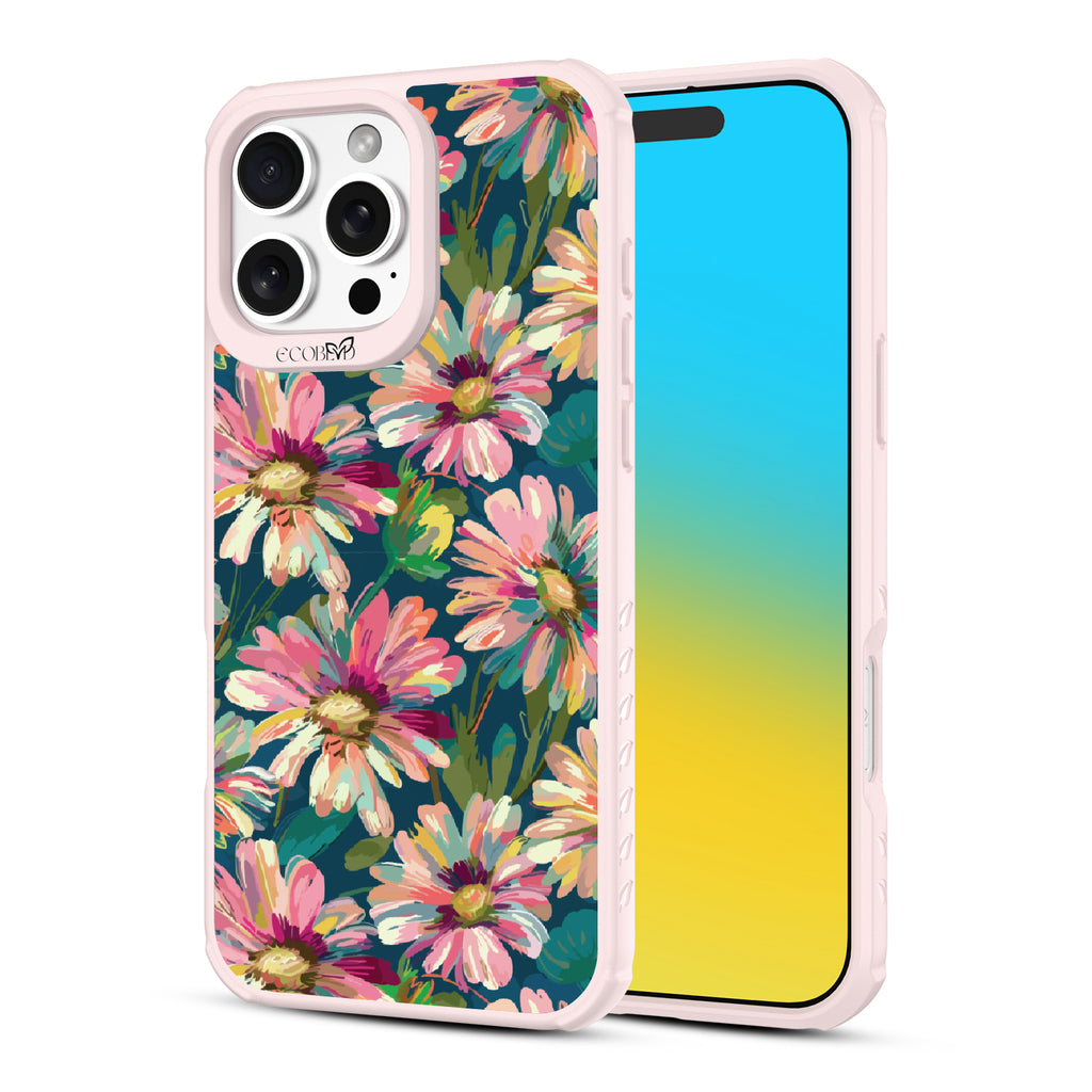 Front and back view of iPhone 16 Pro Max case, clear, sustainable phone case with pink ridges, Daisy Dusk design