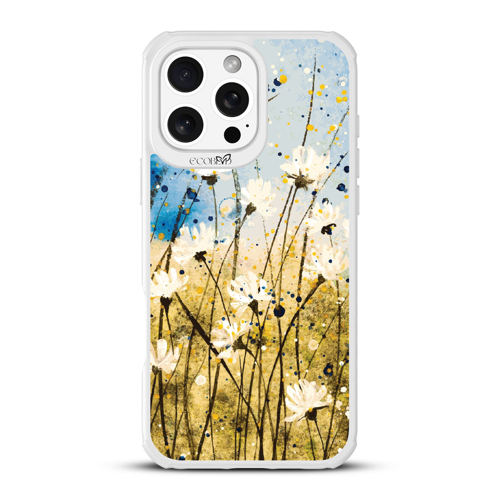 iPhone 16 Pro Max case, clear, sustainable phone case with white ridges, back view, Dandelion Dance design