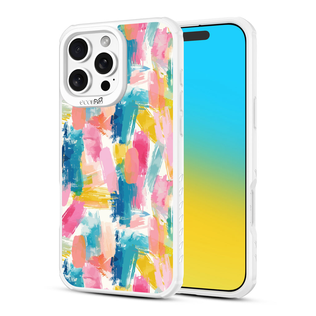 Front and back view of iPhone 16 Pro Max case, clear, sustainable phone case with white ridges, Blurred Beauty design