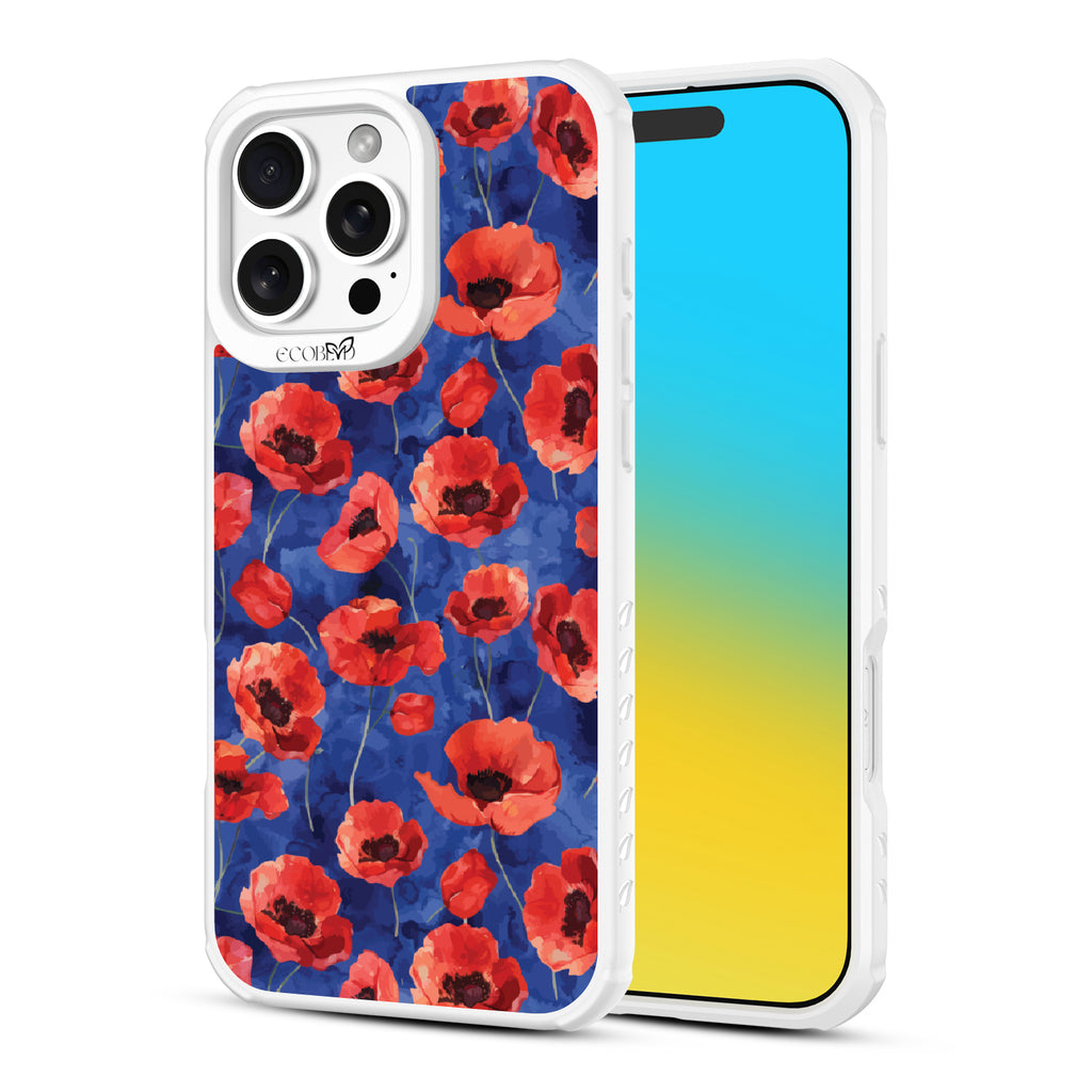 Front and back view of iPhone 16 Pro Max case, clear, sustainable phone case with white ridges, Dream Bouquet design