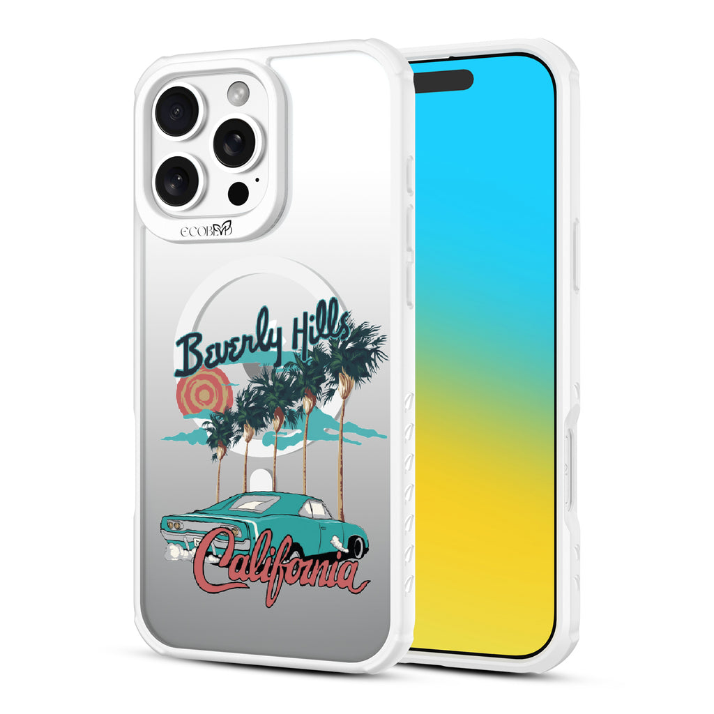 Front and back view of iPhone 16 Pro Max case, clear, sustainable phone case with white ridges, 90210 design
