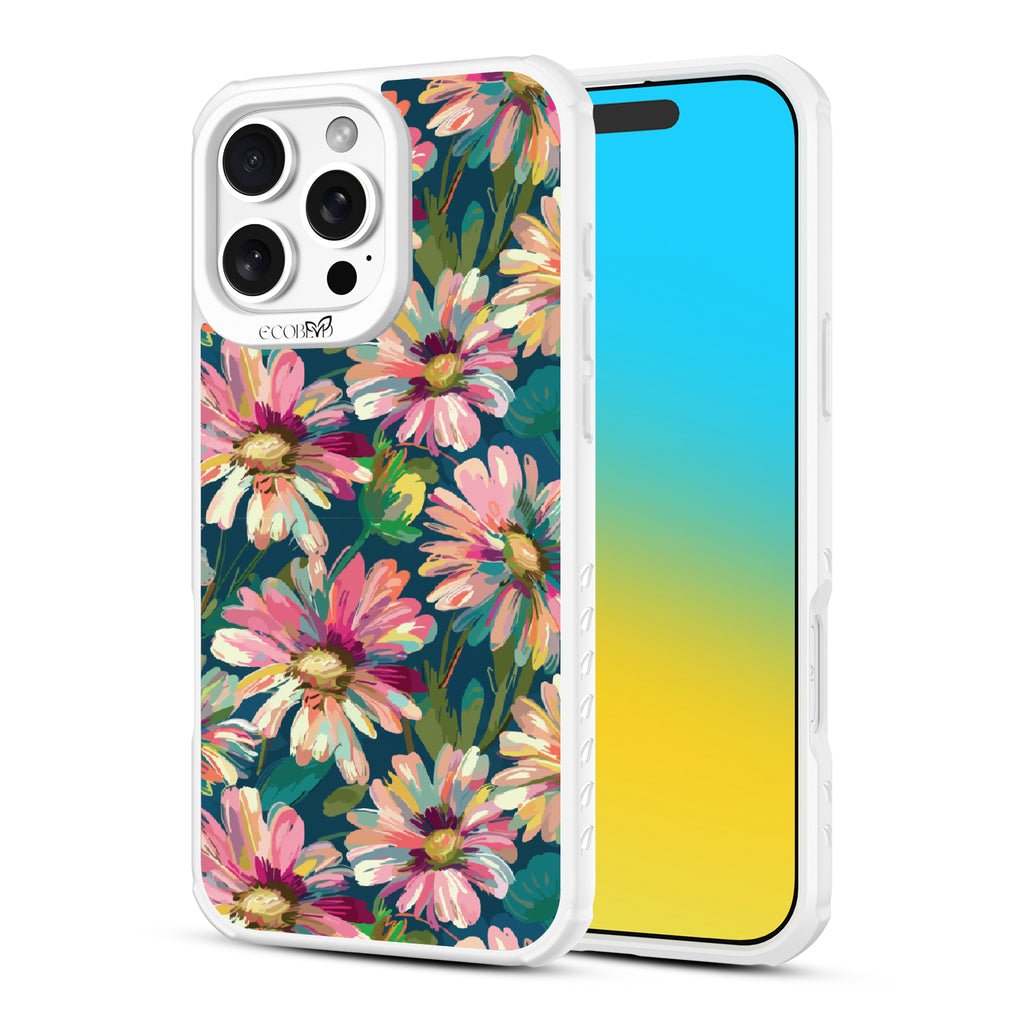 Front and back view of iPhone 16 Pro Max case, clear, sustainable phone case with white ridges, Daisy Dusk design