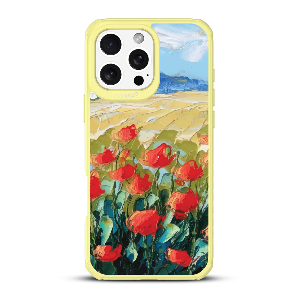 iPhone 16 Pro Max case, clear, sustainable phone case with yellow ridges, back view, Sleepy Bloom design