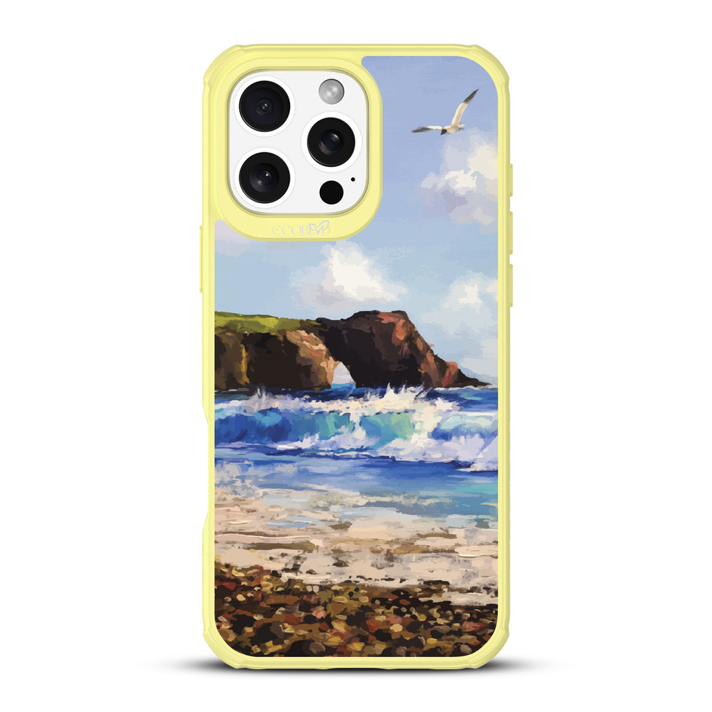 iPhone 16 Pro Max case, clear, sustainable phone case with yellow ridges, back view, Cliffhanger design