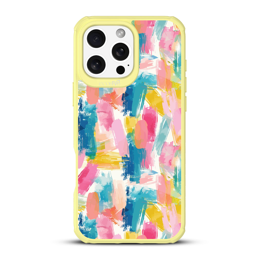 iPhone 16 Pro Max case, clear, sustainable phone case with yellow ridges, back view, Blurred Beauty design