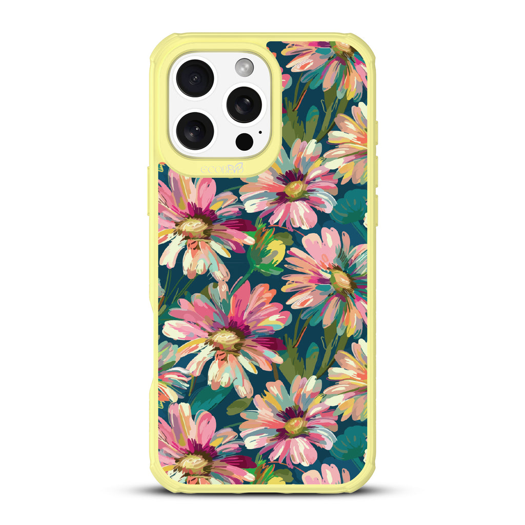 iPhone 16 Pro Max case, clear, sustainable phone case with yellow ridges, back view, Daisy Dusk design