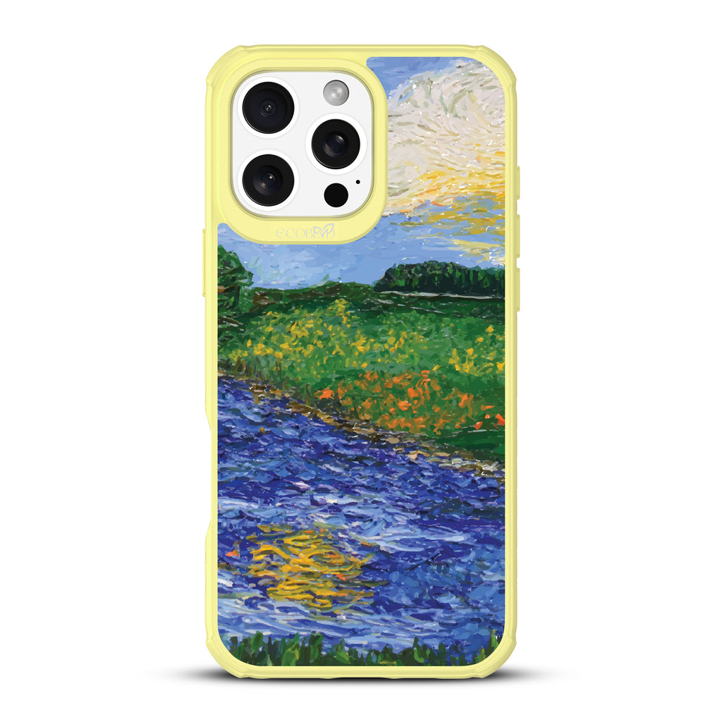 iPhone 16 Pro Max case, clear, sustainable phone case with yellow ridges, back view, Field of Vision design