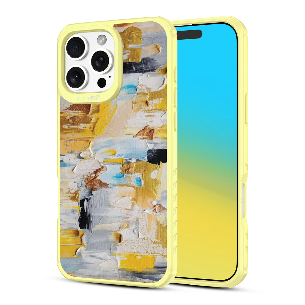 Front and back view of iPhone 16 Pro Max case, clear, sustainable phone case with yellow ridges, Lighten Up design