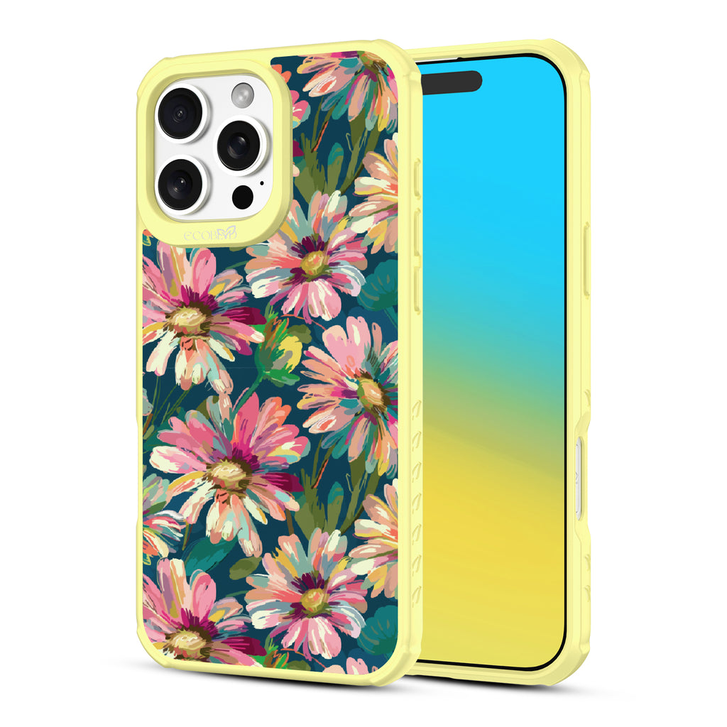 Front and back view of iPhone 16 Pro Max case, clear, sustainable phone case with yellow ridges, Daisy Dusk design