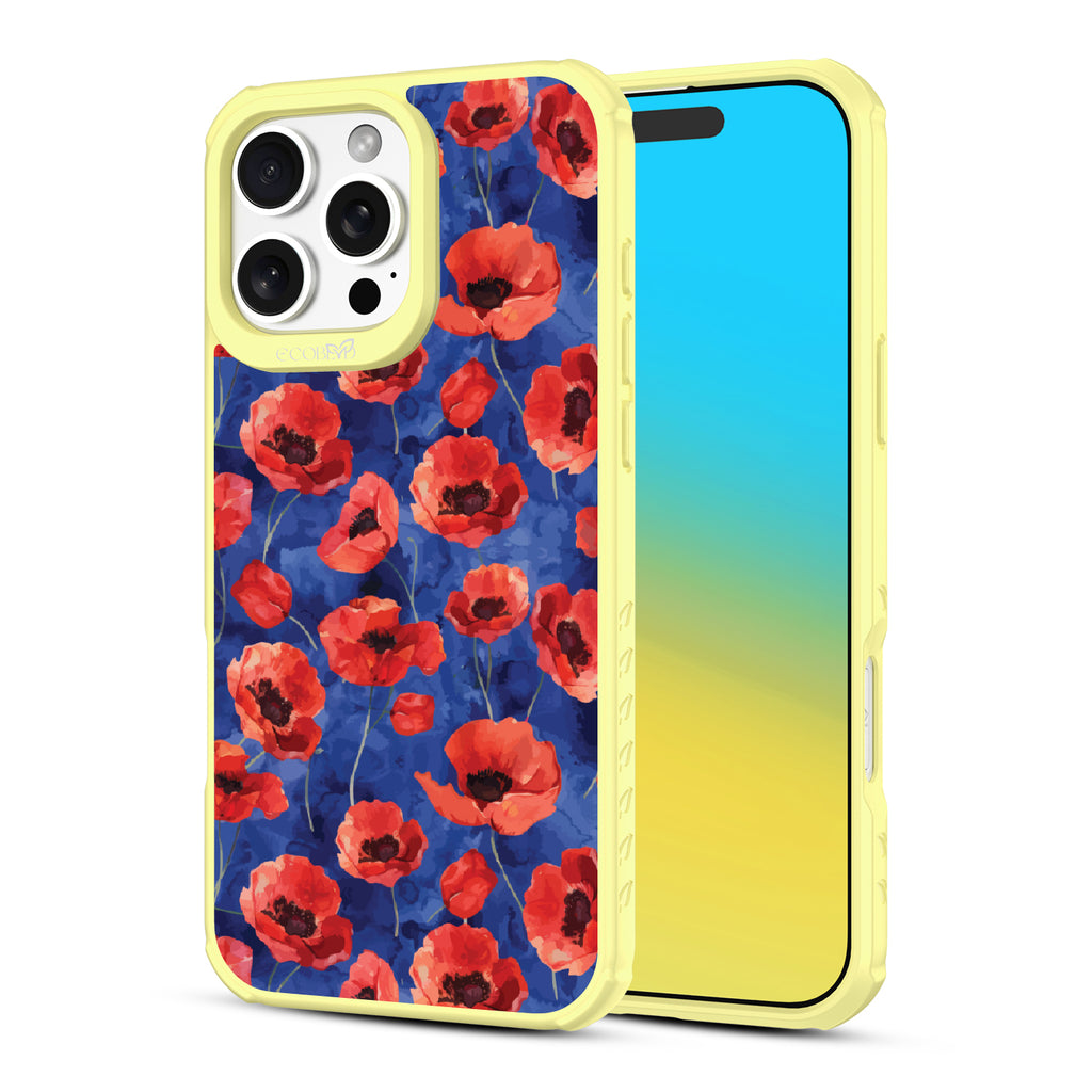 Front and back view of iPhone 16 Pro Max case, clear, sustainable phone case with yellow ridges, Dream Bouquet design