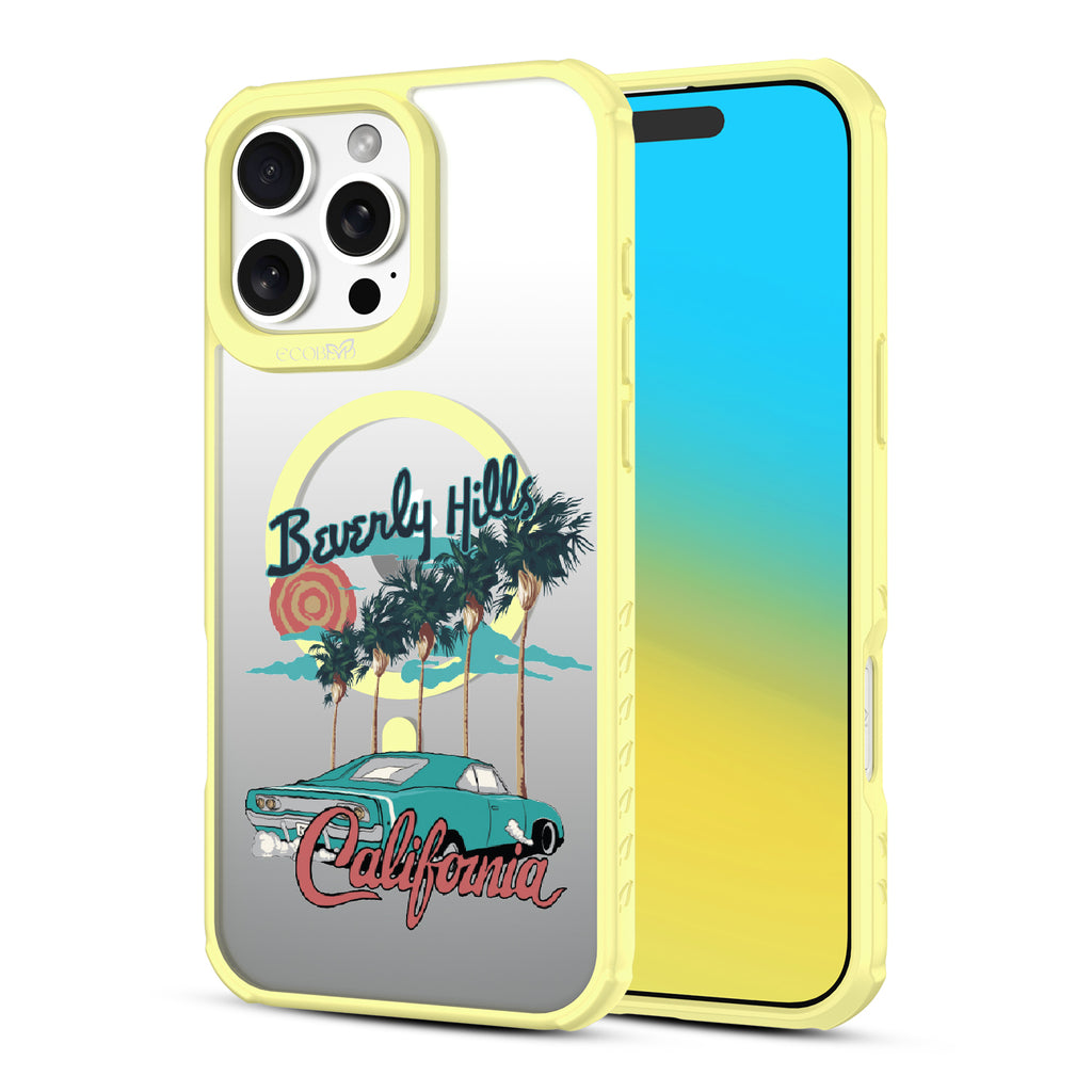 Front and back view of iPhone 16 Pro Max case, clear, sustainable phone case with yellow ridges, 90210 design
