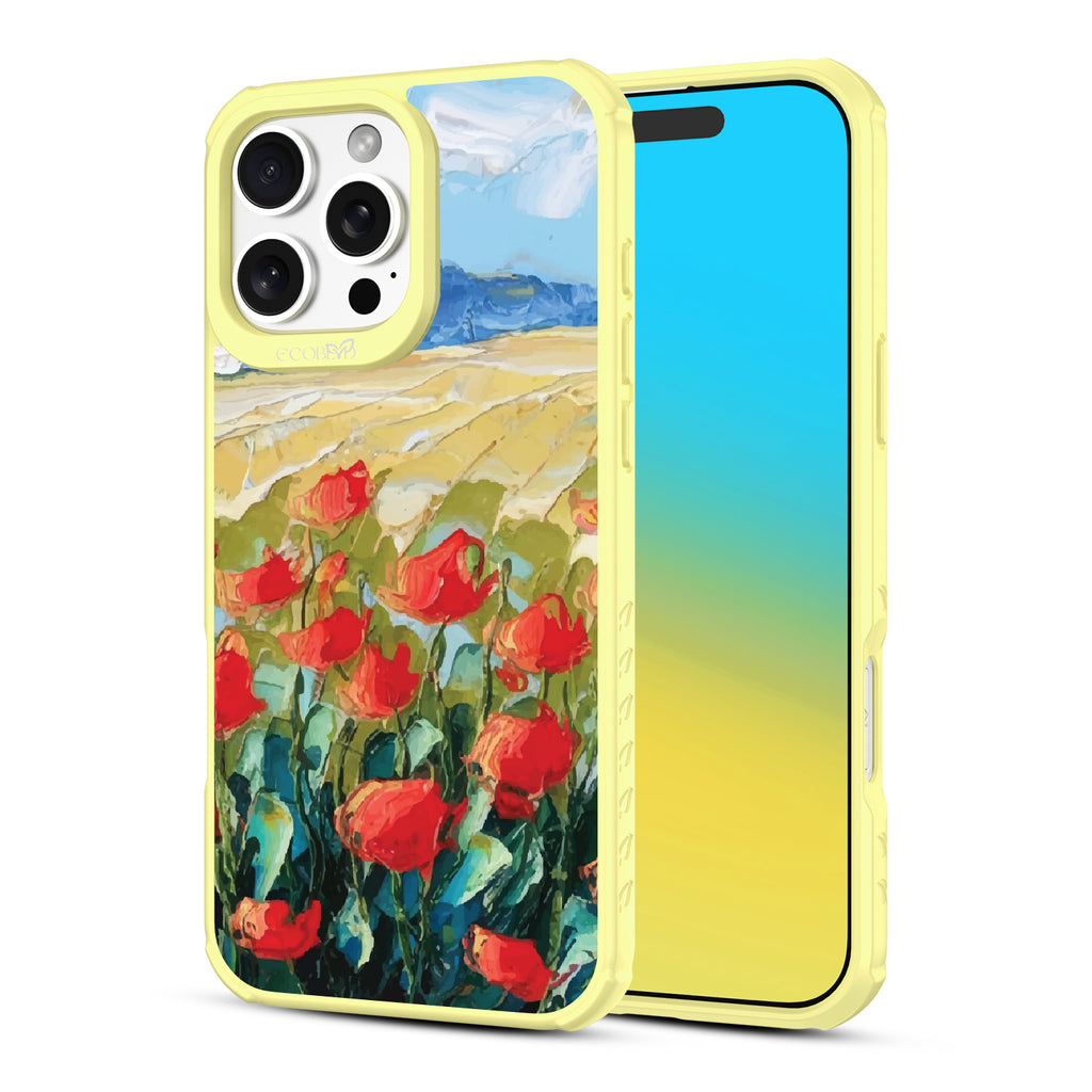 Front and back view of iPhone 16 Pro Max case, clear, sustainable phone case with yellow ridges, Sleepy Bloom design