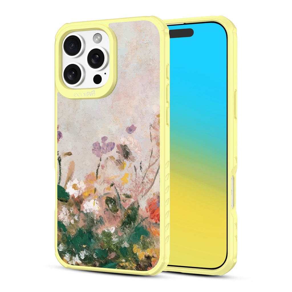 Front and back view of iPhone 16 Pro Max case, clear, sustainable phone case with yellow ridges, Wild Grace design