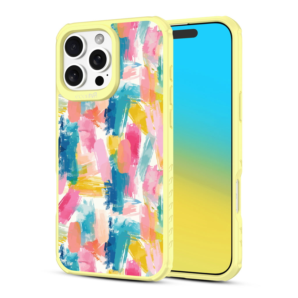 Front and back view of iPhone 16 Pro Max case, clear, sustainable phone case with yellow ridges, Blurred Beauty design