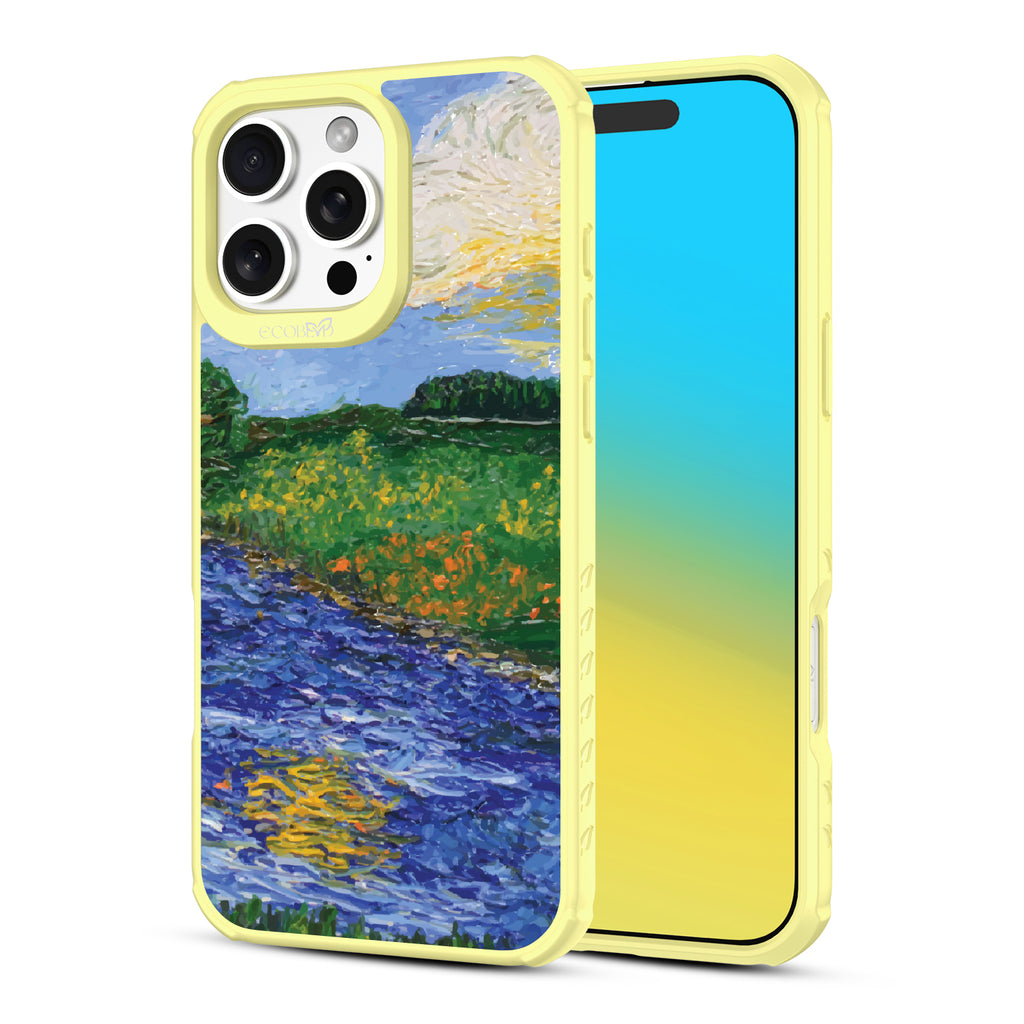 Front and back view of iPhone 16 Pro Max case, clear, sustainable phone case with yellow ridges, Field of Vision design
