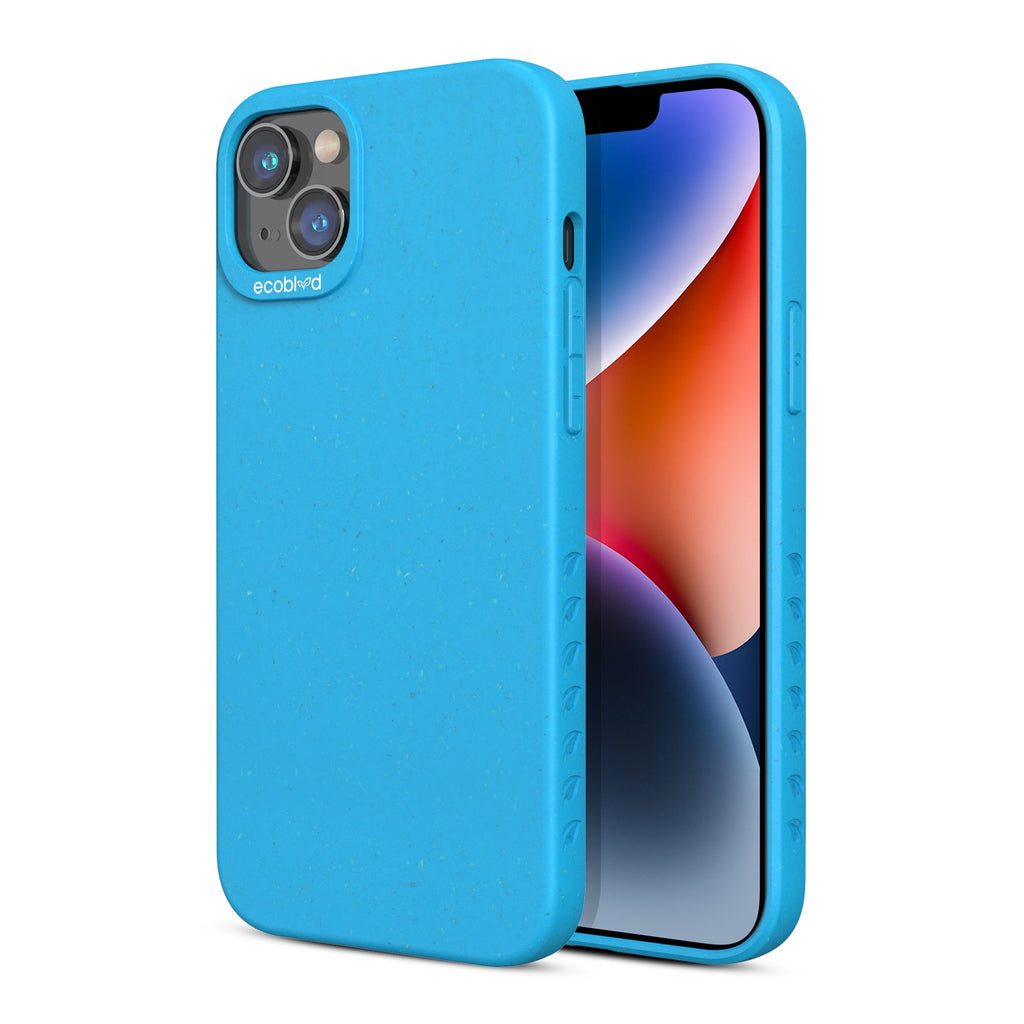 Back View Of Blue Eco-Friendly iPhone 14 Case & A Front View Of The Screen - Compostable Sequoia Collection