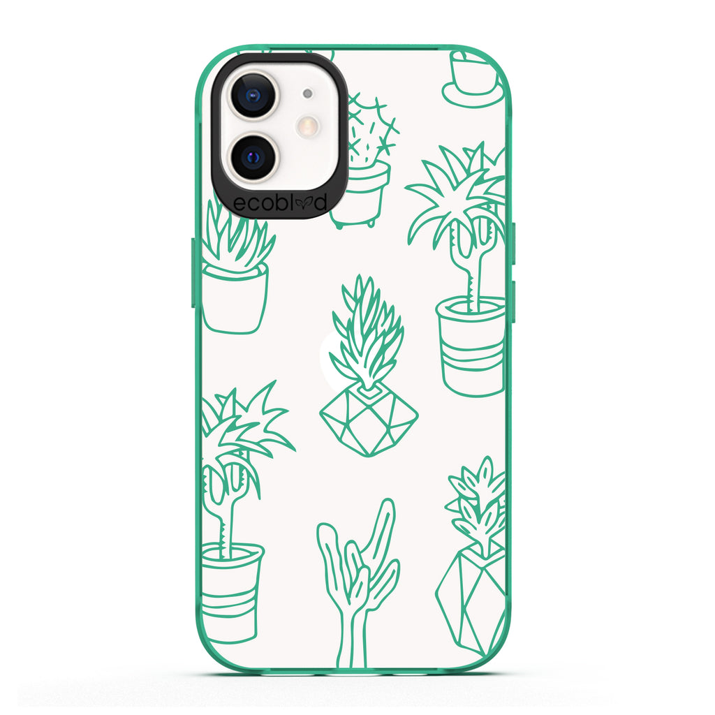 Laguna Collection - Green iPhone 12 / 12 Pro Case With Line Art Succulent Garden Print On A Clear Back - 6FT Drop Protection