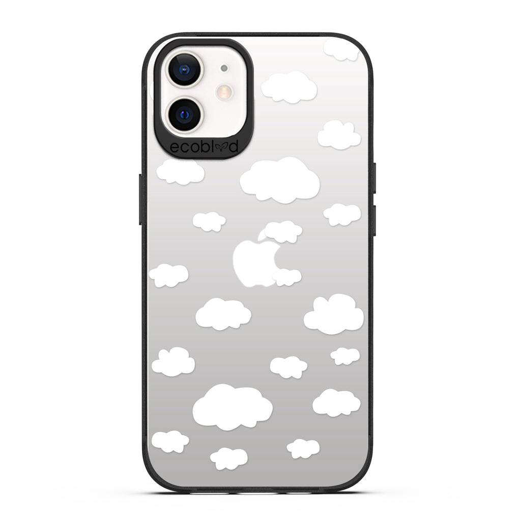 Laguna Collection - Black Eco-Friendly iPhone 12 / 12 Pro Case With A Fluffy White Cartoon Clouds Print On A Clear Back 
