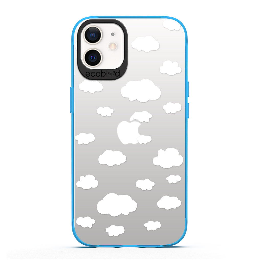 Laguna Collection - Blue Eco-Friendly iPhone 12 / 12 Pro Case With A Fluffy White Cartoon Clouds Print On A Clear Back