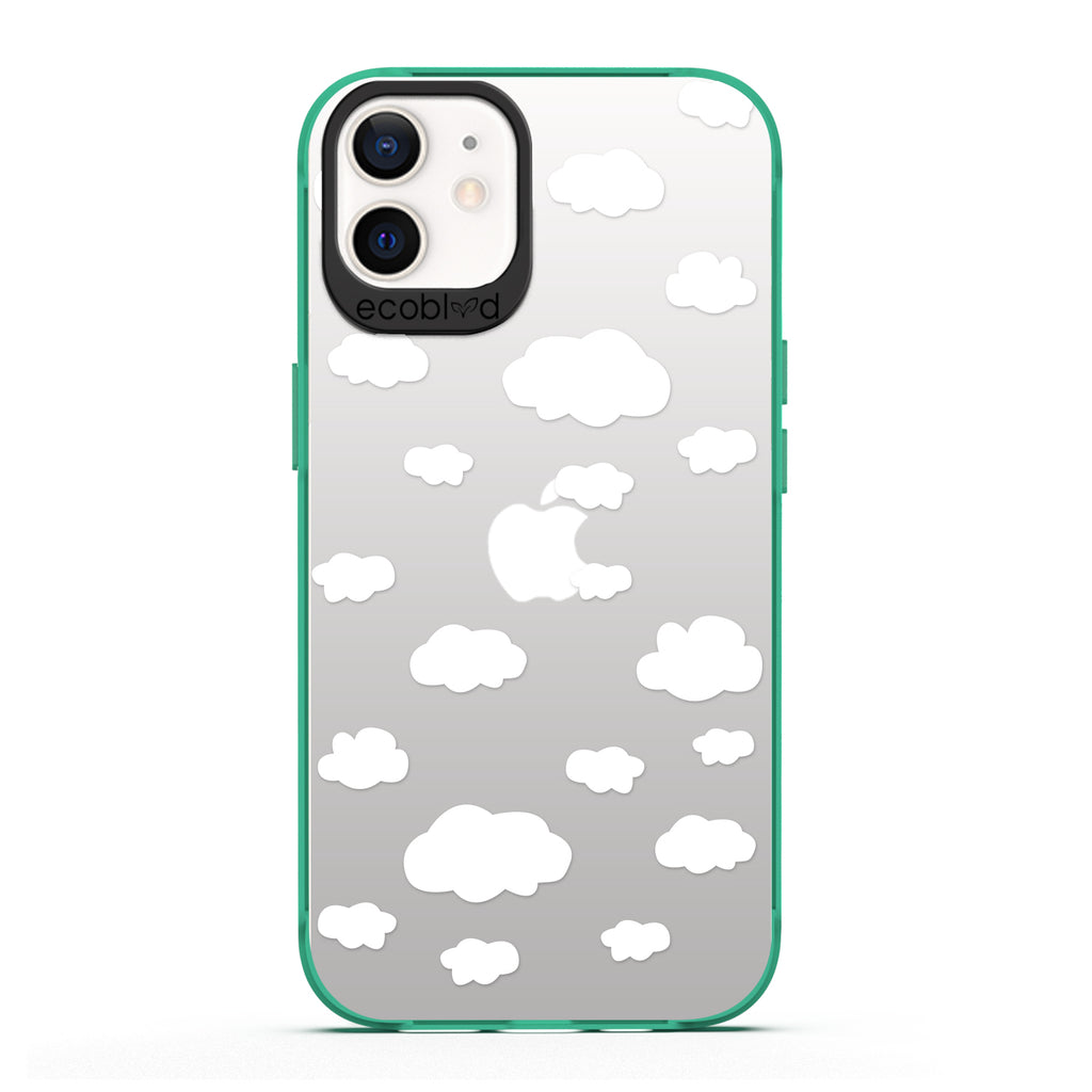 Laguna Collection - Green Eco-Friendly iPhone 12 / 12 Pro Case With A Fluffy White Cartoon Clouds Print On A Clear Back