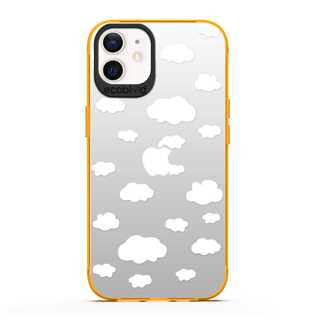 Laguna Collection - Yellow Eco-Friendly iPhone 12 / 12 Pro Case With A Fluffy White Cartoon Clouds Print On A Clear Back