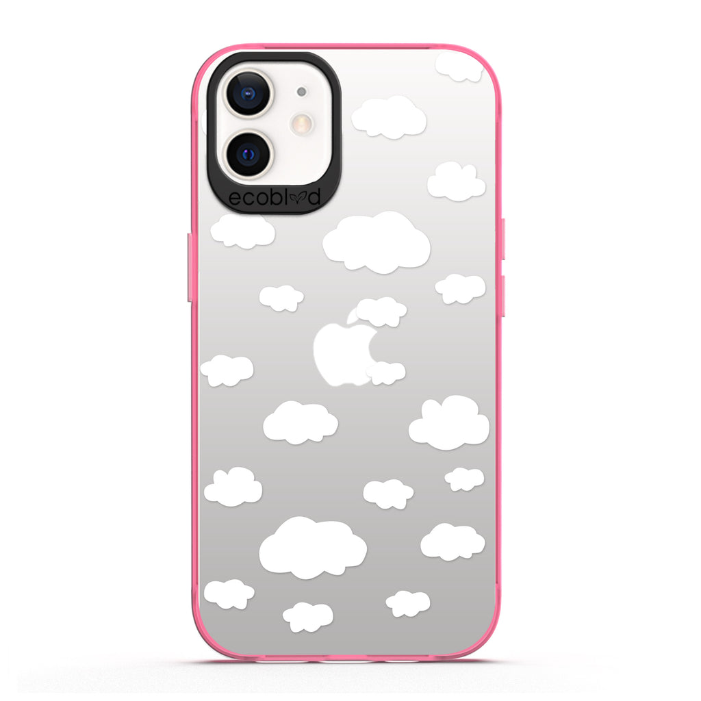 Laguna Collection - Pink Eco-Friendly iPhone 12 / 12 Pro Case With A Fluffy White Cartoon Clouds Print On A Clear Back