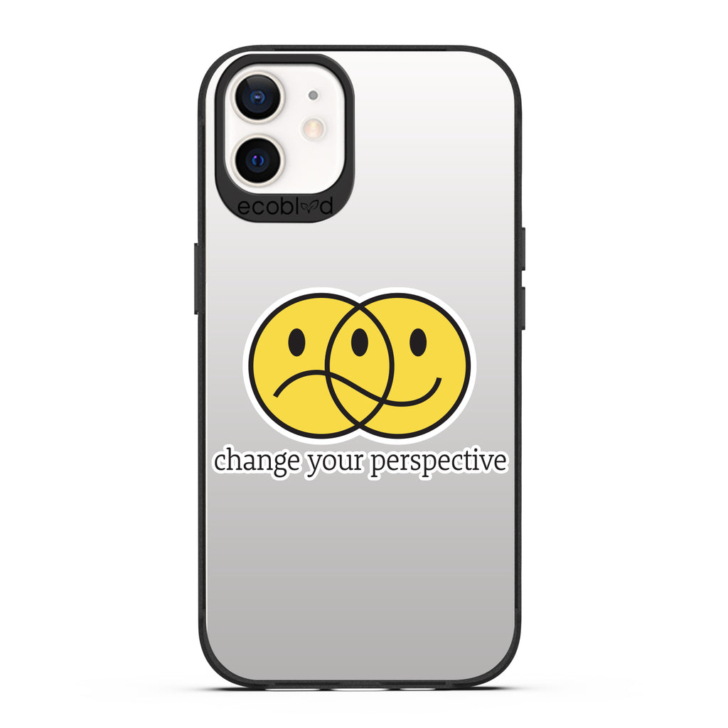 Laguna Collection - Black Compostable iPhone 12 / 12 Pro Case With A Happy/Sad Face & Change Your Perspective On Clear Back