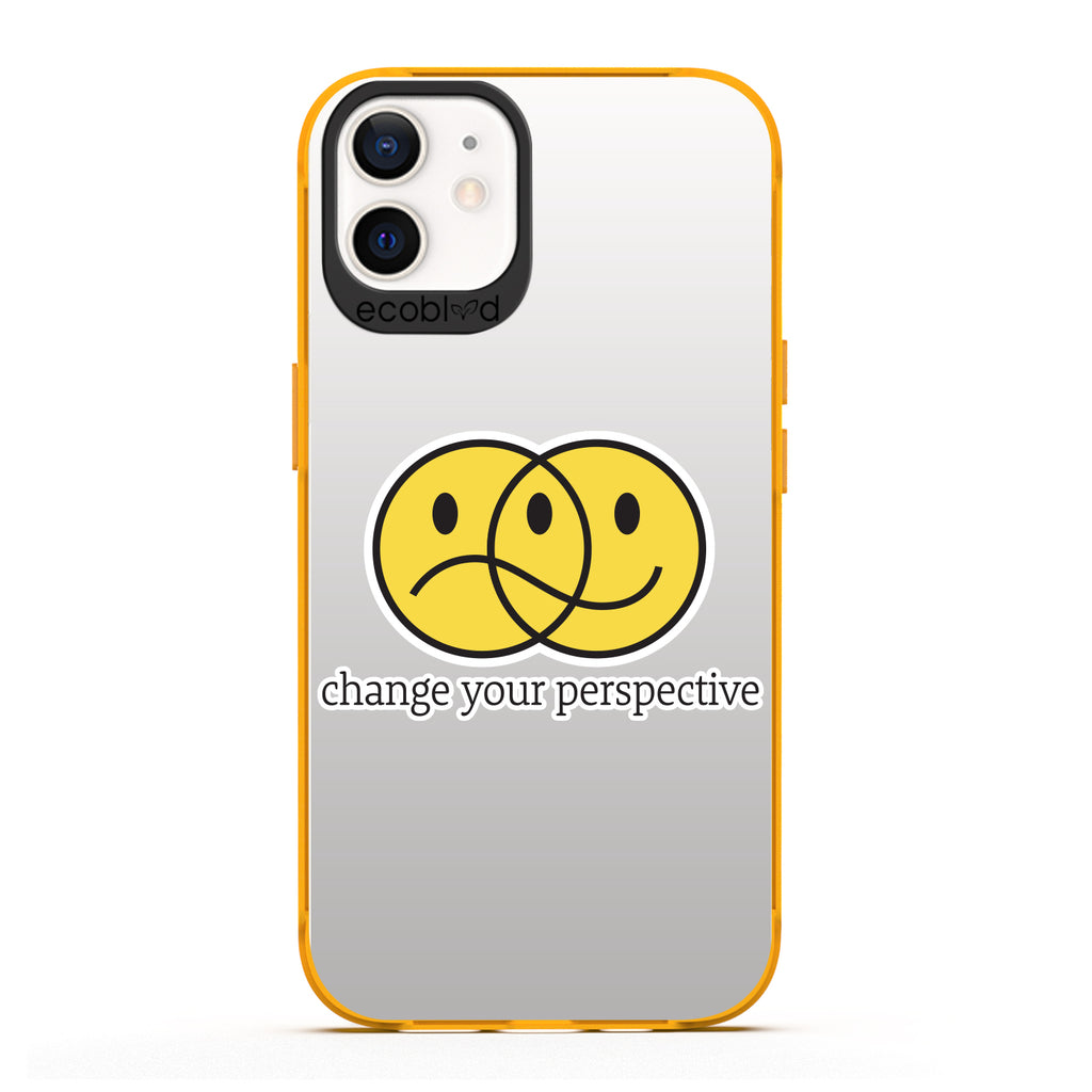 Laguna Collection - Yellow Compostable iPhone 12 / 12 Pro Case With A Happy/Sad Face & Change Your Perspective On Clear Back