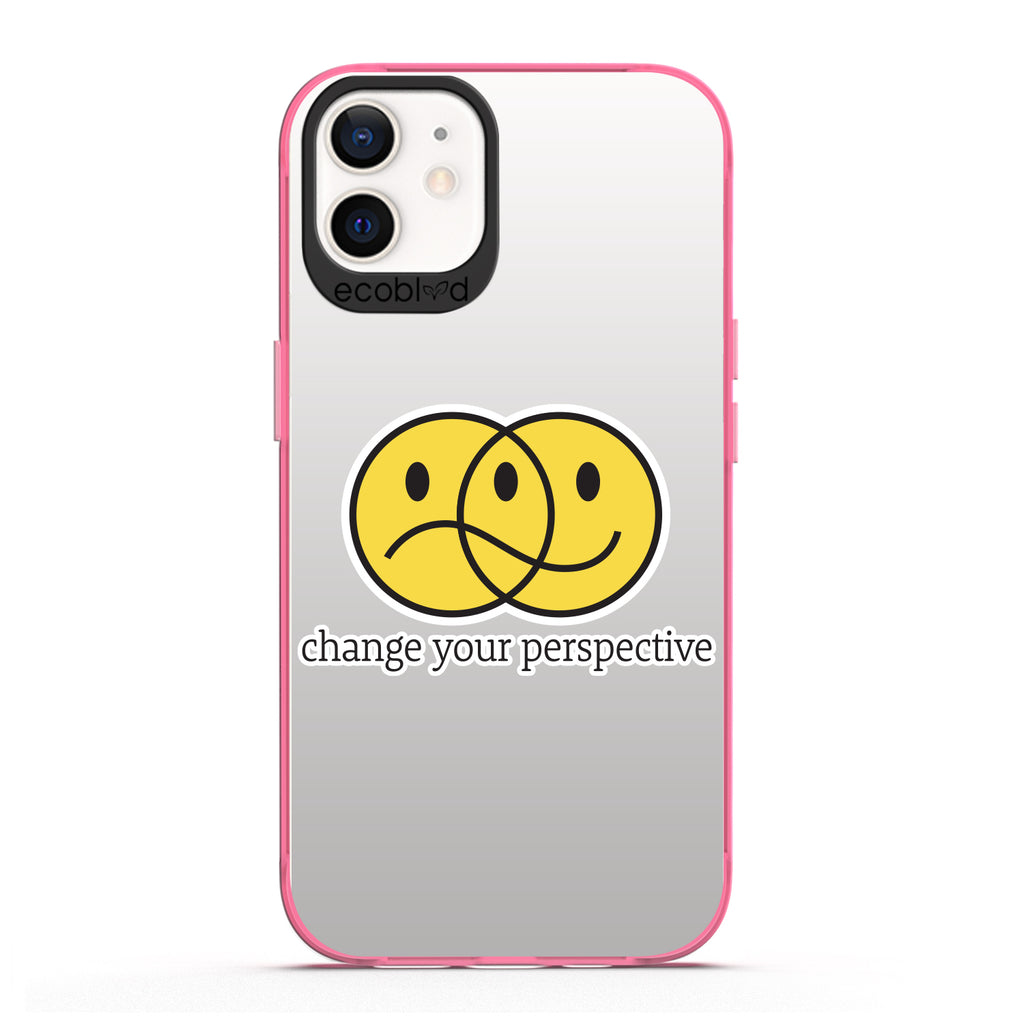 Laguna Collection - Pink Compostable iPhone 12 / 12 Pro Case With A Happy/Sad Face & Change Your Perspective On Clear Back