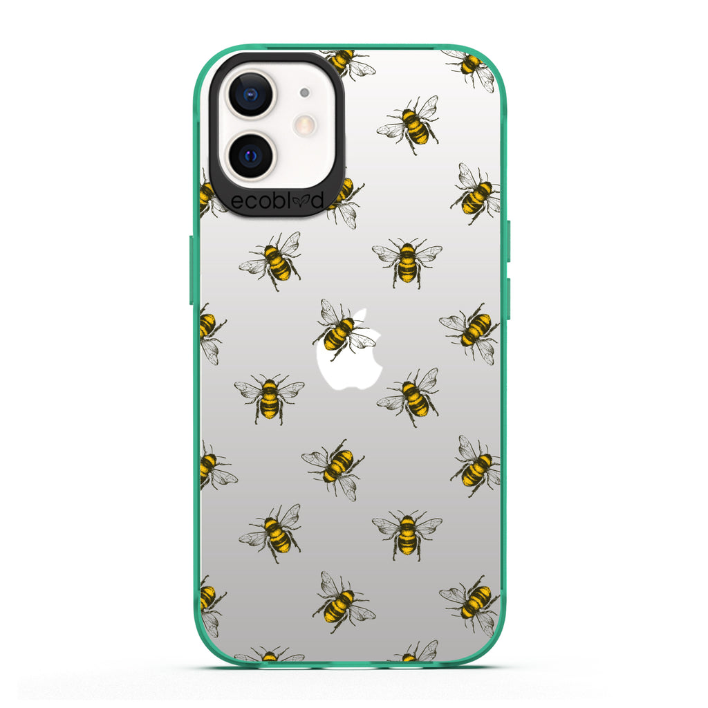 Laguna Collection - Green Eco-Friendly iPhone 12 / 12 Pro Case With A Honey Bees Design On A Clear Back - Compostable 