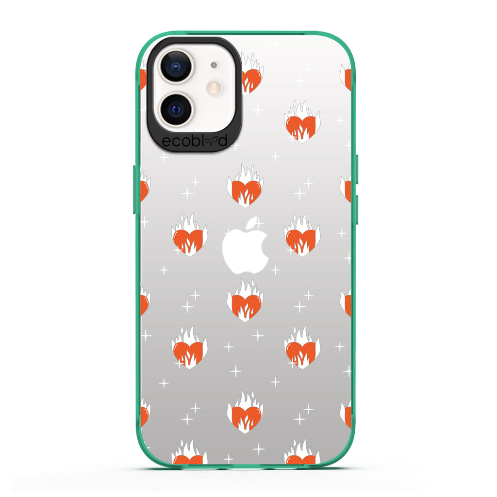 Laguna Collection - Green Eco-Friendly iPhone 12 / 12 Pro Case With A Flaming Red Hearts & Stars Pattern On A Clear Back