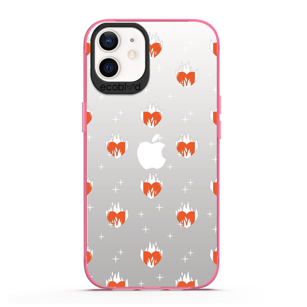 Laguna Collection - Pink Eco-Friendly iPhone 12 / 12 Pro Case With A Flaming Red Hearts & Stars Pattern On A Clear Back