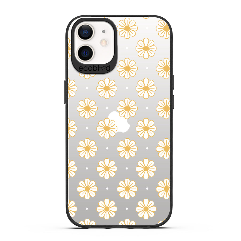 Laguna Collection - Black Eco-Friendly  iPhone 12 / 12 Pro Case With White Floral Pattern Daisies & Dots On A Clear Back  