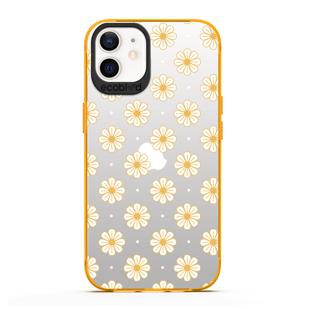 Laguna Collection - Yellow Eco-Friendly iPhone 12 / 12 Pro Case With White Floral Pattern Daisies & Dots On A Clear Back