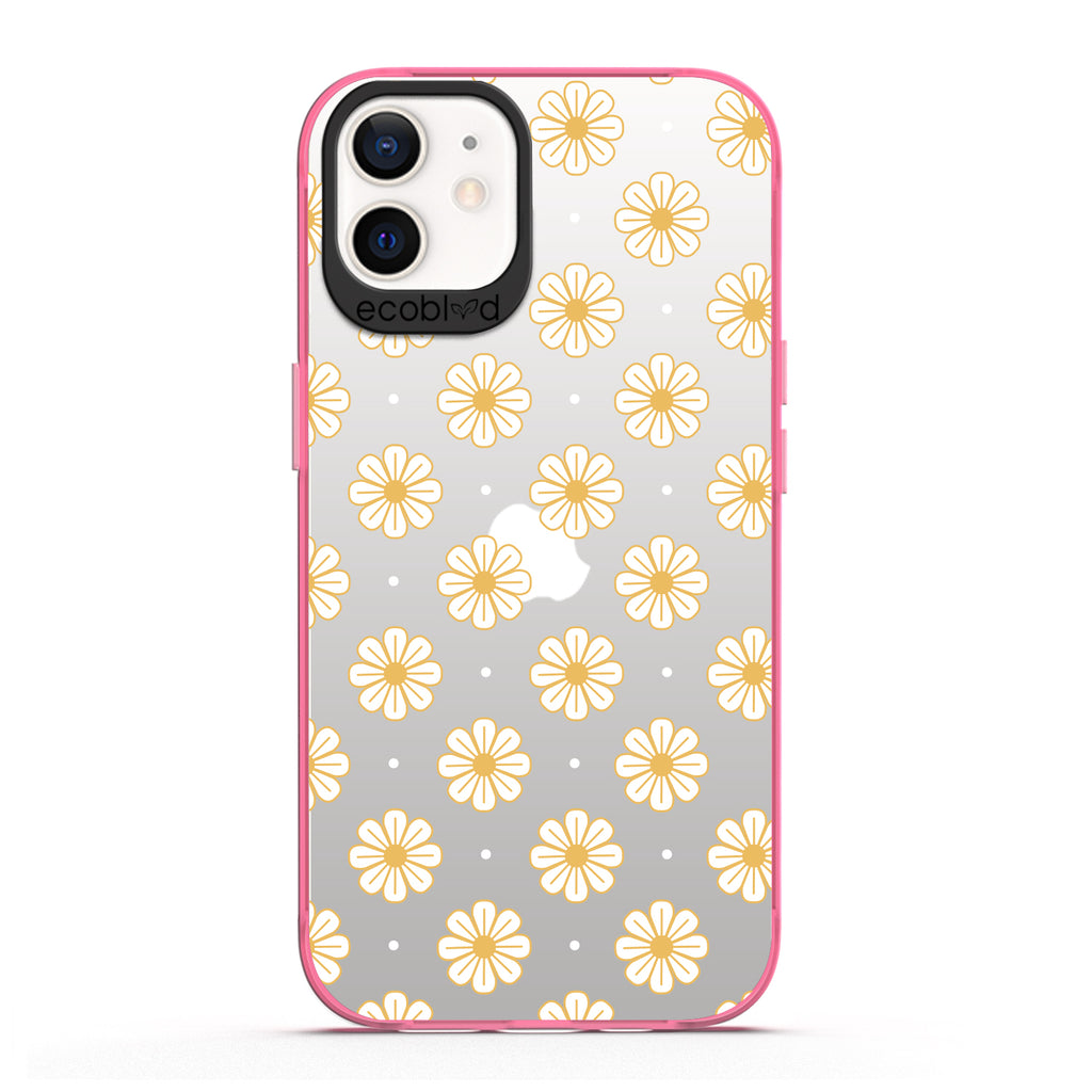 Laguna Collection - Pink Eco-Friendly iPhone 12 / 12 Pro Case With White Floral Pattern Daisies & Dots On A Clear Back