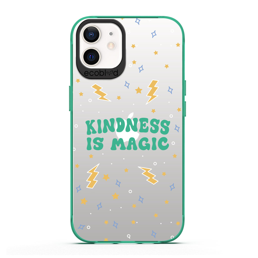  Laguna Collection - Green Compostable iPhone 12 / 12 Pro Case With Kindness Is Magic, Lightning Bolts & Stars On Clear Back