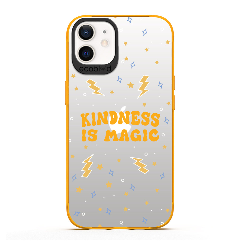  Laguna Collection - Yellow Compostable iPhone 12 / 12 Pro Case With Kindness Is Magic, Lightning Bolts & Stars On Clear Back
