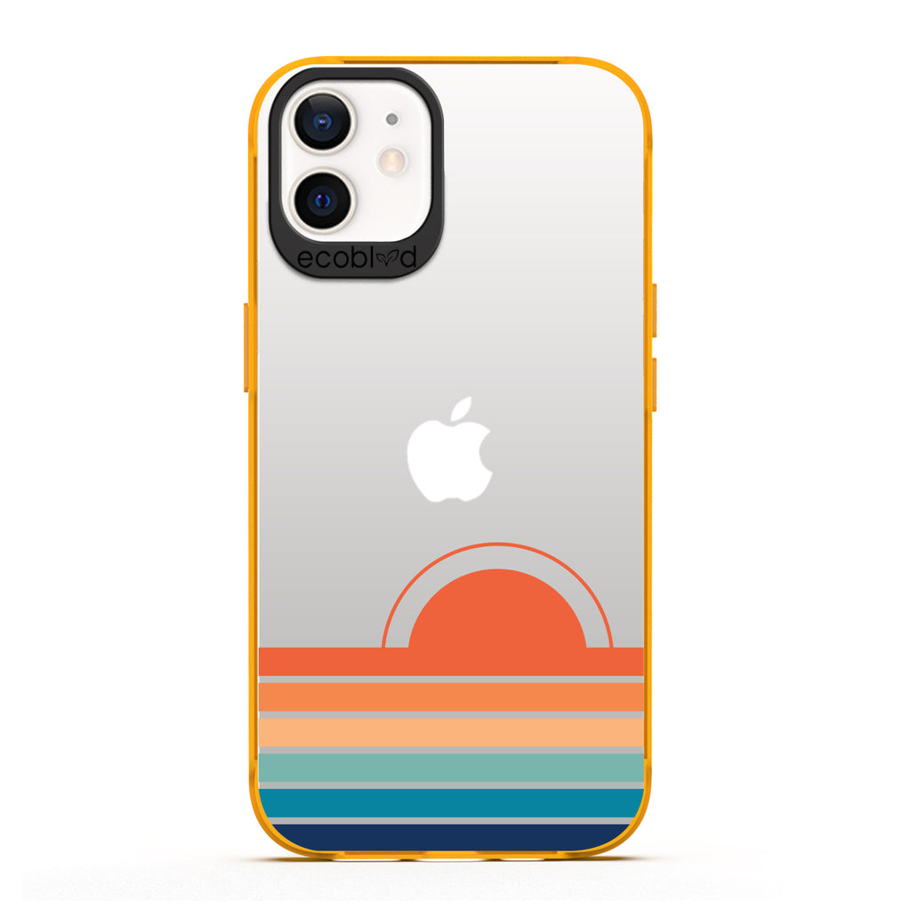Laguna Collection - Yellow Eco-Friendly iPhone 12 / 12 Pro Case With A Sun Rising From Rainbow Stripes On A Clear Back