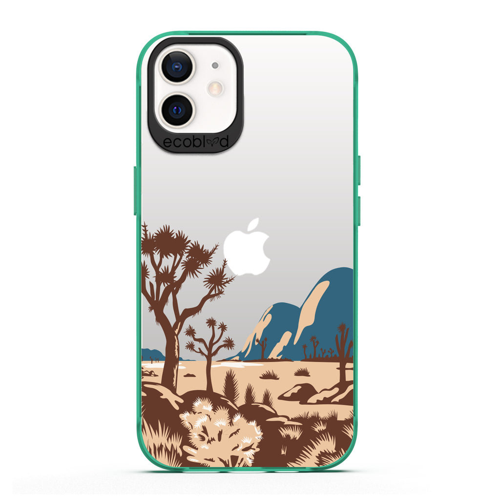 Laguna Collection - Green Compostable iPhone 12 / 12 Pro Case With Minimalist Joshua Tree Desert Landscape On A Clear Back