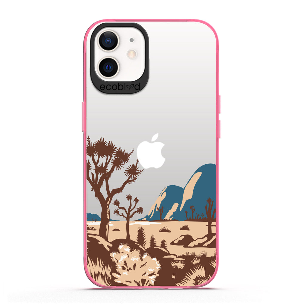 Laguna Collection - Pink Compostable iPhone 12 / 12 Pro Case With Minimalist Joshua Tree Desert Landscape On A Clear Back