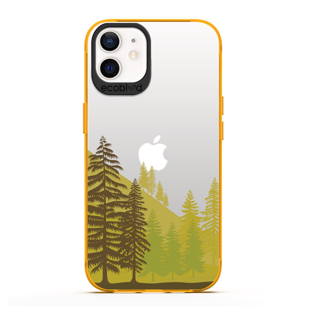 Laguna Collection - Yellow Eco-Friendly iPhone 12 / 12 Pro Case With A Minimalist Pine Tree Forest Print On A Clear Back 