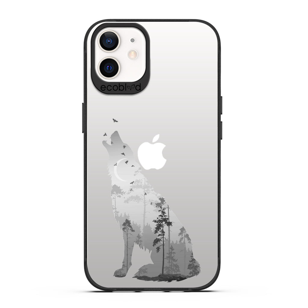Laguna Collection - Black Eco-Friendly iPhone 12 / 12 Pro Case With Howling Wolf And Moonlit Woodlands Print On A Clear Back