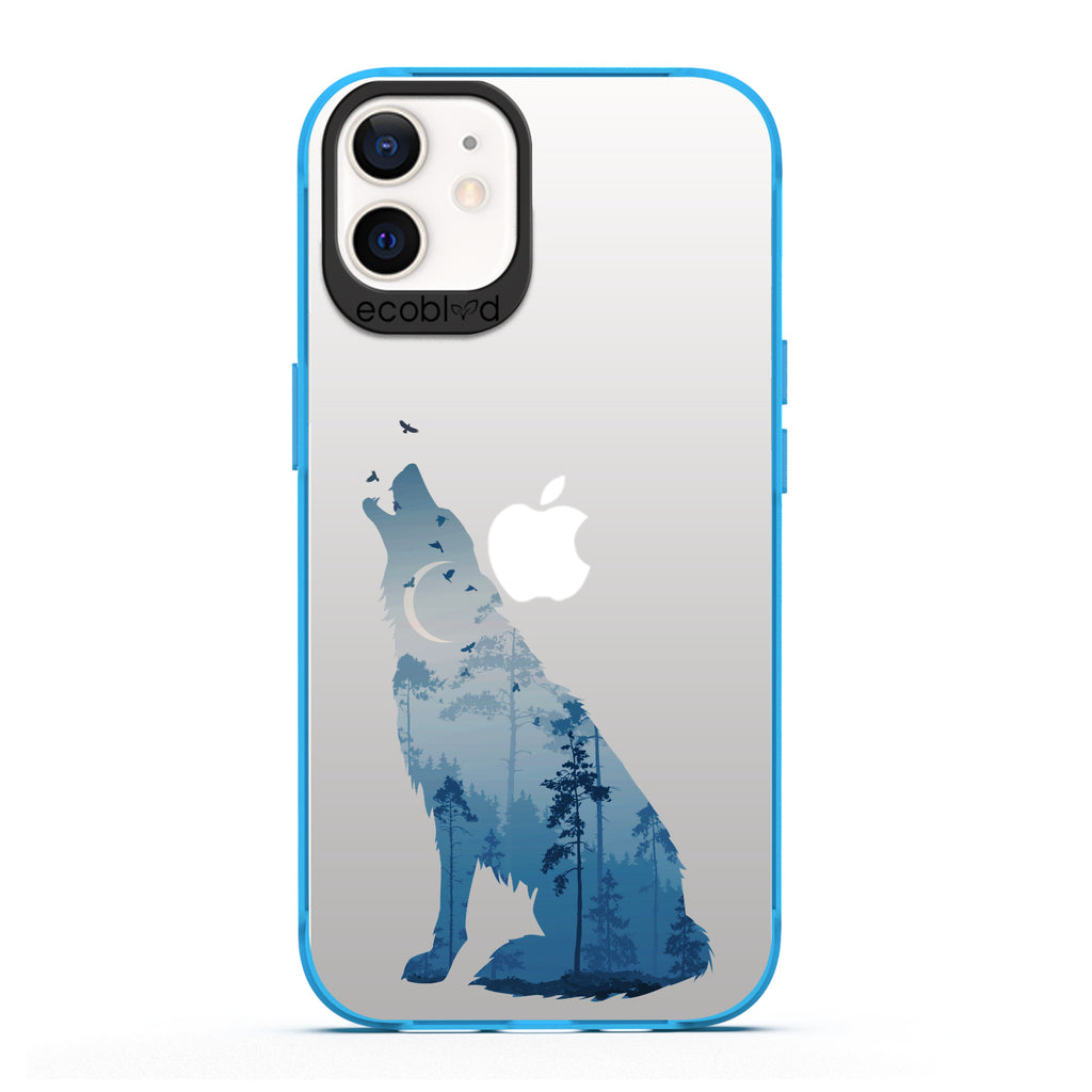 Laguna Collection - Blue Eco-Friendly iPhone 12 / 12 Pro Case With Howling Wolf And Moonlit Woodlands Print On A Clear Back