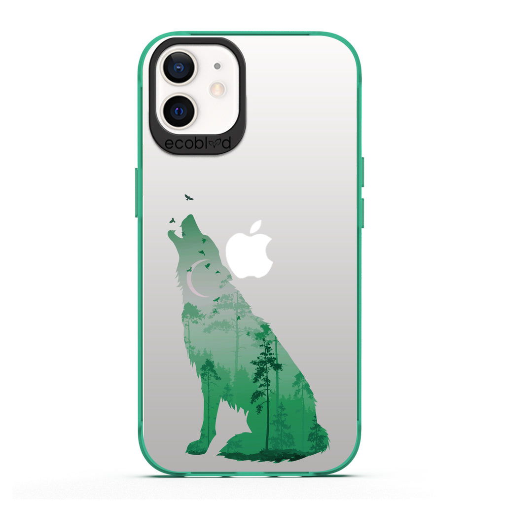 Laguna Collection - Green Eco-Friendly iPhone 12 / 12 Pro Case With Howling Wolf And Moonlit Woodlands Print On A Clear Back
